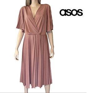 ASOS Dress Simply Be Pleated Kimono Sleeve Deep V Neck Midi Skater Rose Pink